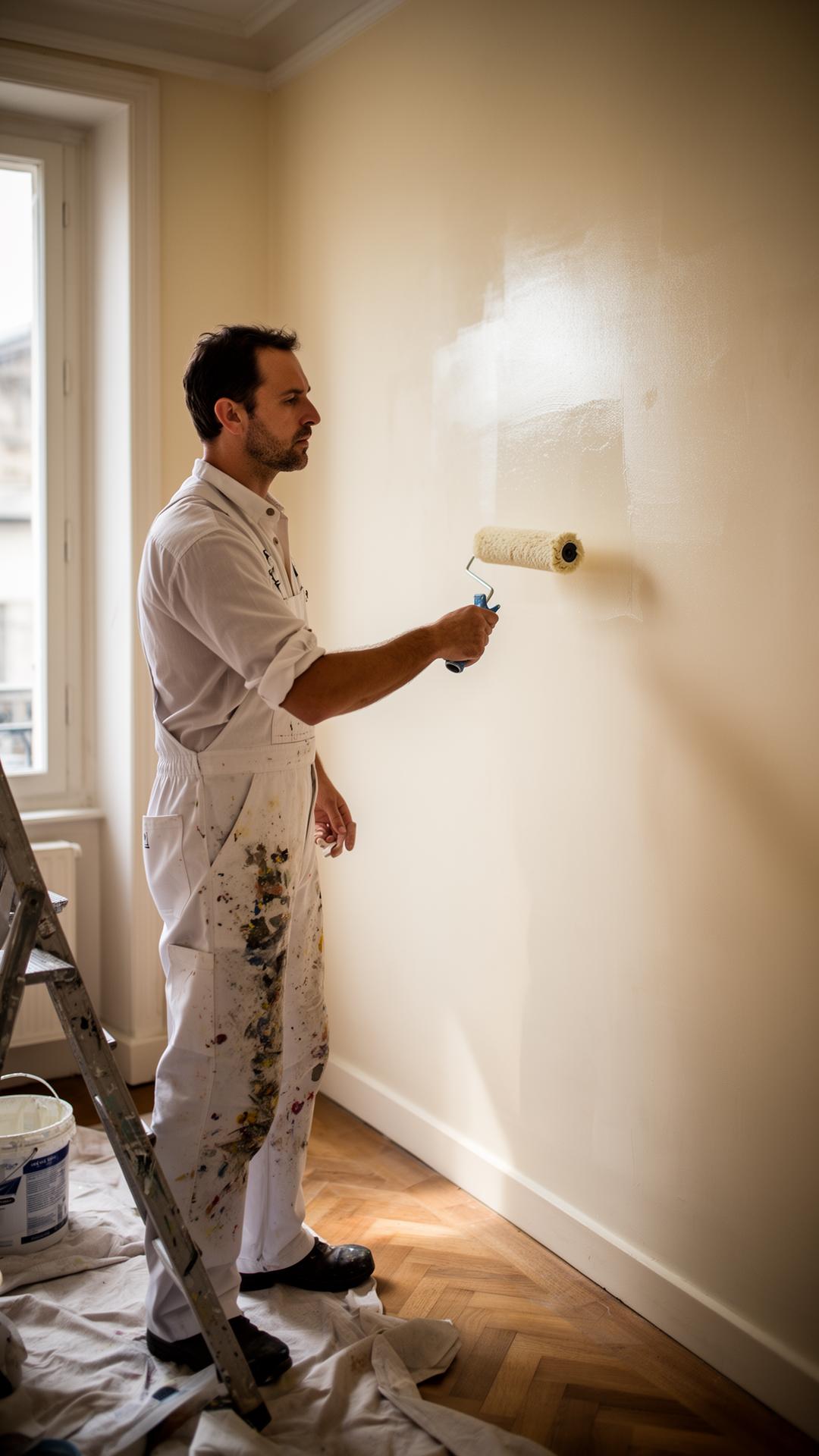 Artisan peintre Peinture &Sence en train de peindre un mur intérieur